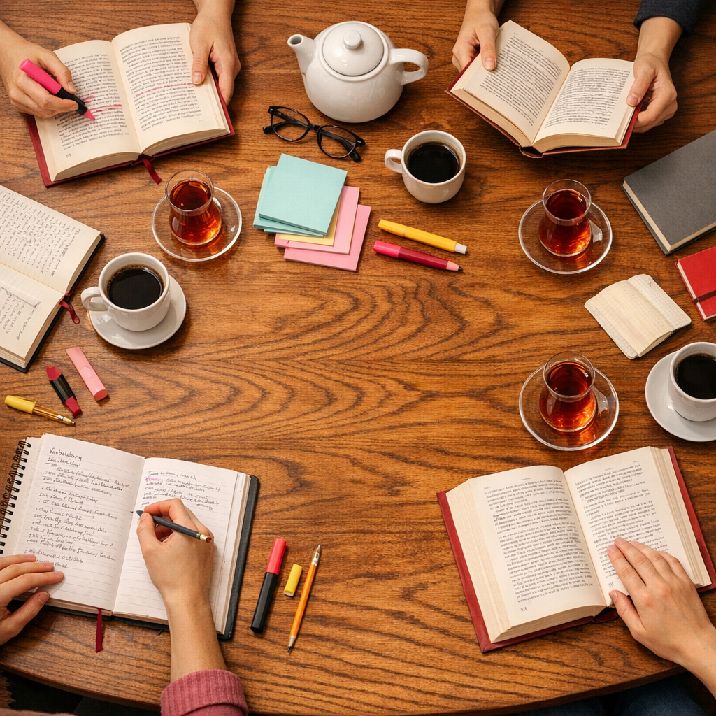 Ustten gorunen calisma masasi uzerinde kitaplar ve defterler