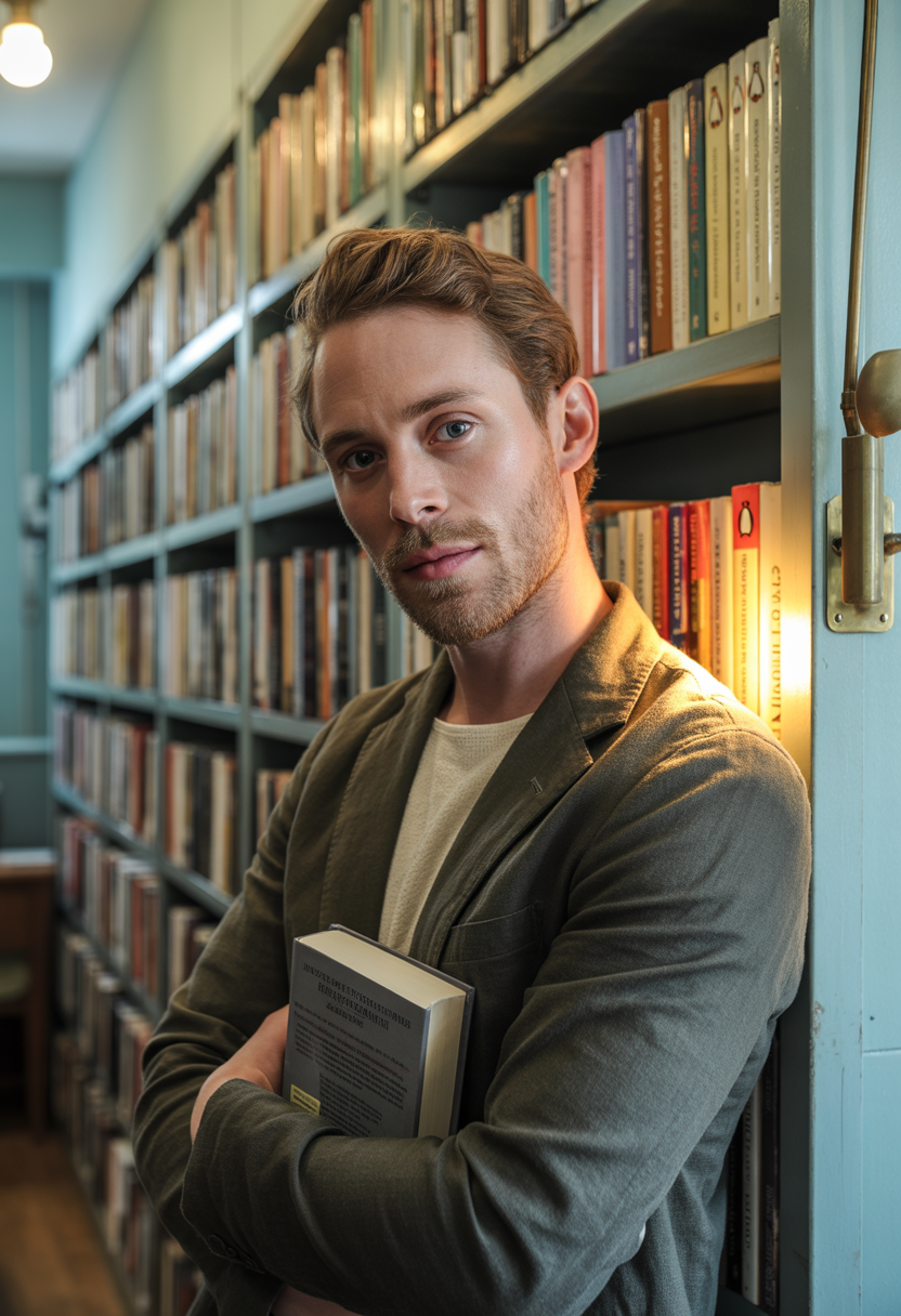 Kitapligin onunde duran Ingiliz erkek egitmen