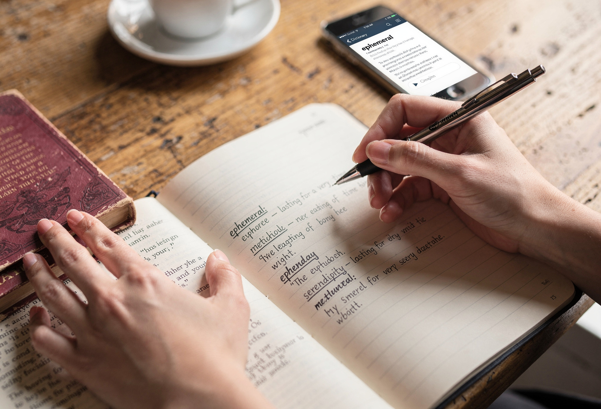 Kafede defter ve kitapla calisan genc kadin ogrenci